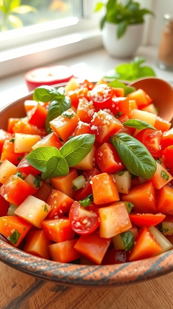 A colorful tomato salad with diced tomatoes, cucumbers, and basil in a rustic bowl.